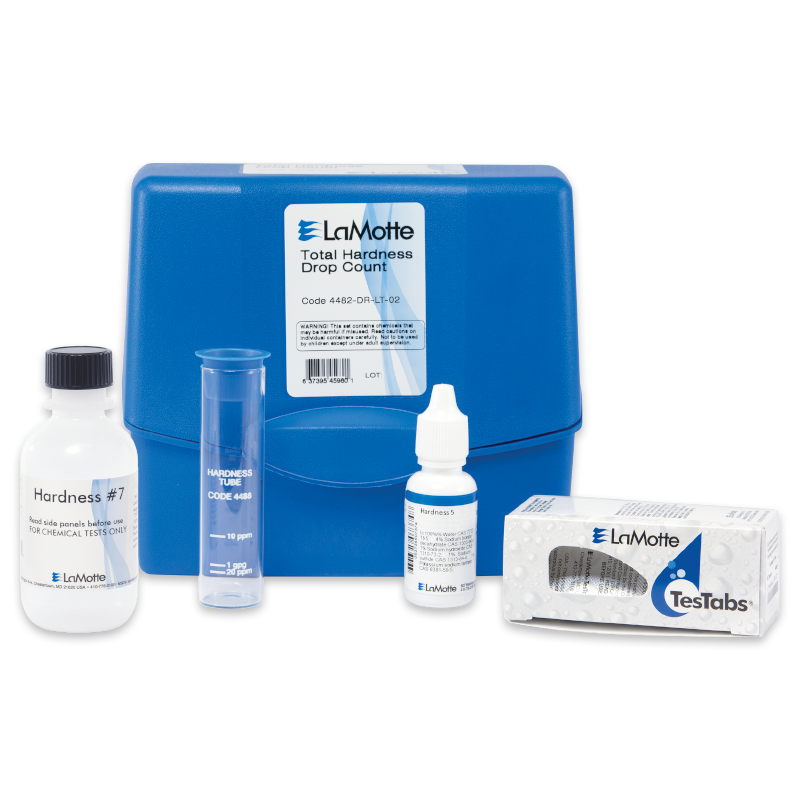 The LaMotte Total Hardness Test Kit - 4482-DR-LT-02 includes a blue carrying case, reagent bottles, measuring tube, and TesTabs tablets—everything needed for accurate water hardness testing.