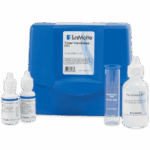 A blue LaMotte Total Hardness Test Kit - 4482-LI-02 case with three reagent bottles, a hardness test tube, and labeled bottles for measuring total water hardness.