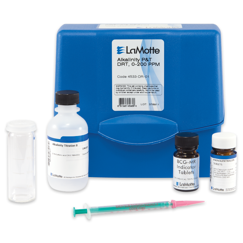 A blue LaMotte Total Alkalinity Test Kit - 4533-DR-01 case with alkaline titration bottle, BCG-MR and phenolphthalein tablets, a clear measuring tube, and syringe, used for accurate alkalinity testing.
