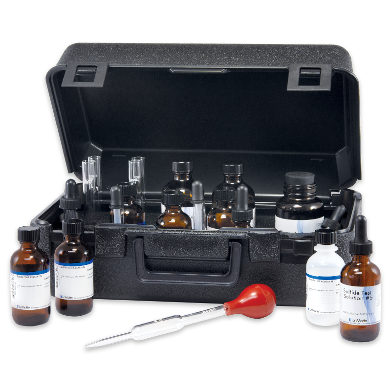 A black carrying case containing multiple glass bottles, test tubes, droppers, and a pipette with a red bulb, arranged for use as a Sulfide Test Kit - 4630 in chemistry or water testing applications.