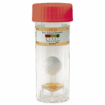 Un flacon de test en plastique transparent avec un bouchon orange portant l’étiquette Iron Related Bacteria Test IRB-BART - 5-0024. À l’intérieur, une boule blanche est suspendue au-dessus d’un liquide orange. L’étiquette comporte une échelle de couleurs pour suivre les jours de croissance bactérienne visible.