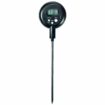 A digital Min-Max Memory Thermometer 5-0095 features a black circular display showing 71.0°F, two buttons below the screen, and a long, thin metal probe extending from the bottom of the device.