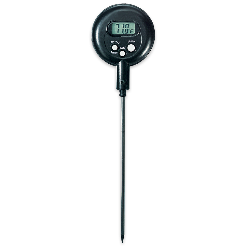 A digital Min-Max Memory Thermometer 5-0095 features a black circular display showing 71.0°F, two buttons below the screen, and a long, thin metal probe extending from the bottom of the device.