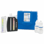 The Precision pH Test Kit - 5858-01 features a blue carrying case, pH color comparator, pH color chart, and two reagent bottles—all displayed on a white background.