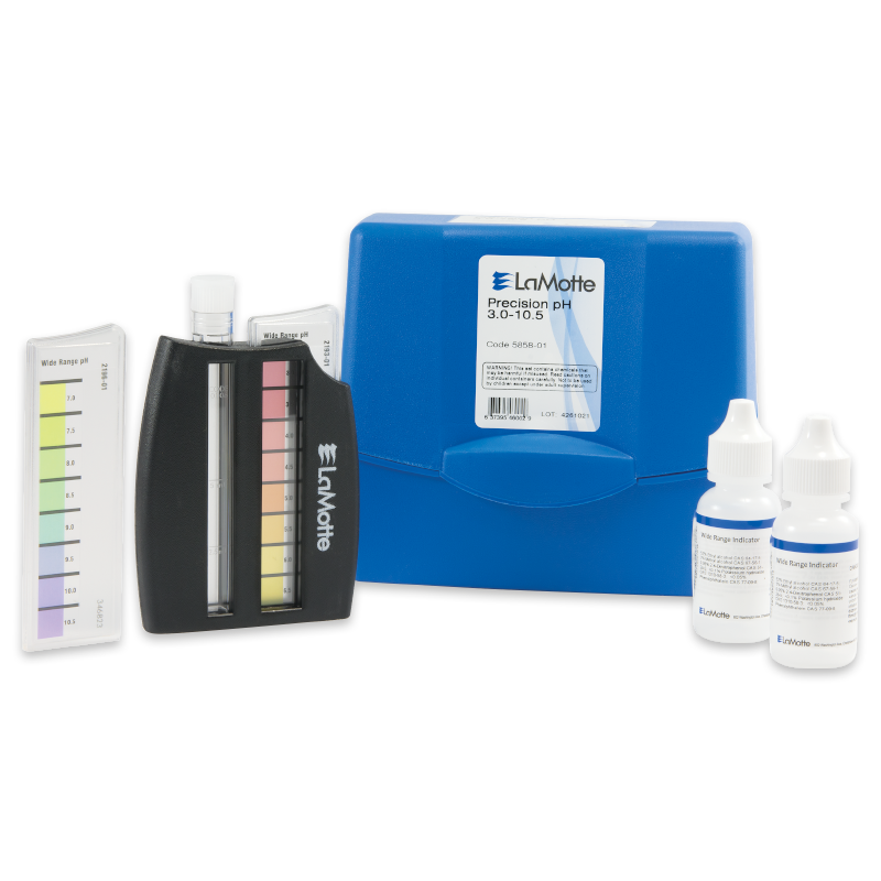 The Precision pH Test Kit - 5858-01 features a blue carrying case, pH color comparator, pH color chart, and two reagent bottles—all displayed on a white background.