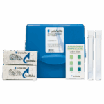 A LaMotte ammonia-nitrogen test kit with a blue case, two boxes of TesTabs tablets, a color chart, and two clear plastic test tubes. The kit is for water quality testing.