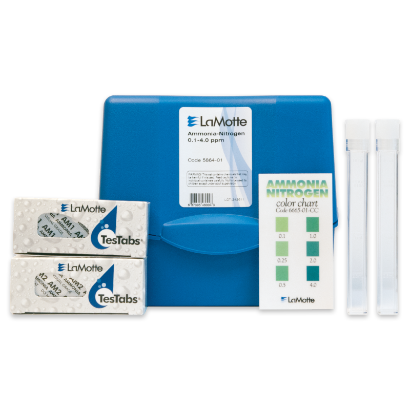 A LaMotte ammonia-nitrogen test kit with a blue case, two boxes of TesTabs tablets, a color chart, and two clear plastic test tubes. The kit is for water quality testing.