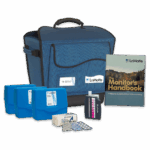 Blue carrying case, three blue plastic boxes, a color test block, small packets, tablets, and The Monitors Handbook displayed together—all part of the LaMotte Water Quality Educator and Monitoring Outfit - 5870-01.