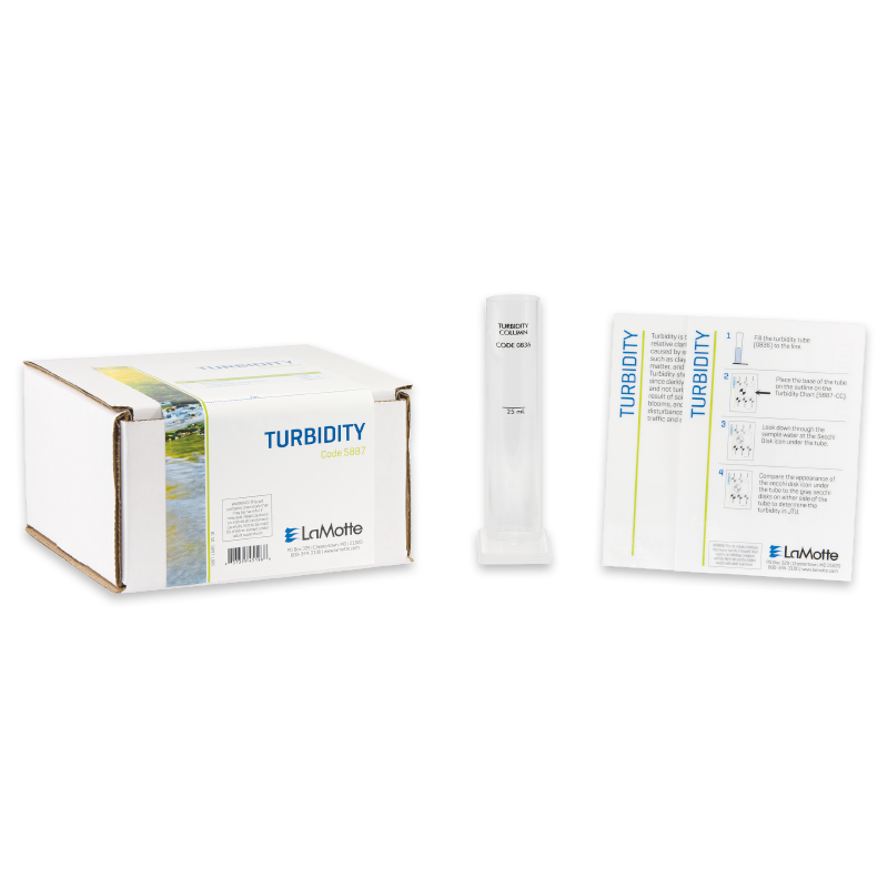 A boxed Turbidity Test Kit - 5887 by LaMotte is shown with a clear test tube on a white stand and an instruction sheet neatly arranged beside the box on a white background.