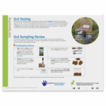 Instructional graphic explaining soil sampling. A brown kit labeled Soil Sample Kit sits on a rock with soil and tools. The step-by-step Topsoil Tour - 5973-01 guide below highlights sampling tools, procedures, and clear text with small illustrations.