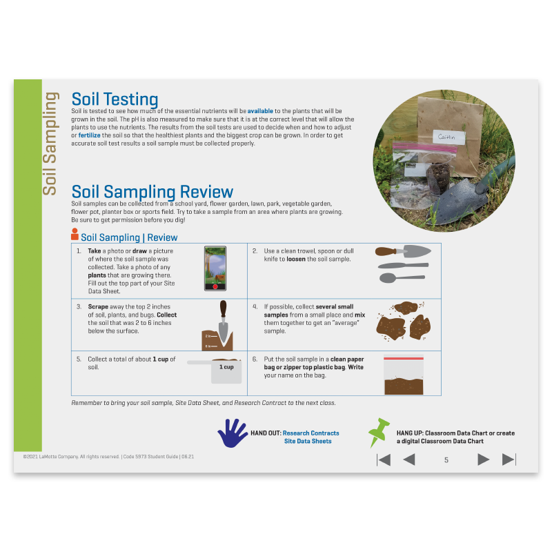 Instructional graphic explaining soil sampling. A brown kit labeled Soil Sample Kit sits on a rock with soil and tools. The step-by-step Topsoil Tour - 5973-01 guide below highlights sampling tools, procedures, and clear text with small illustrations.
