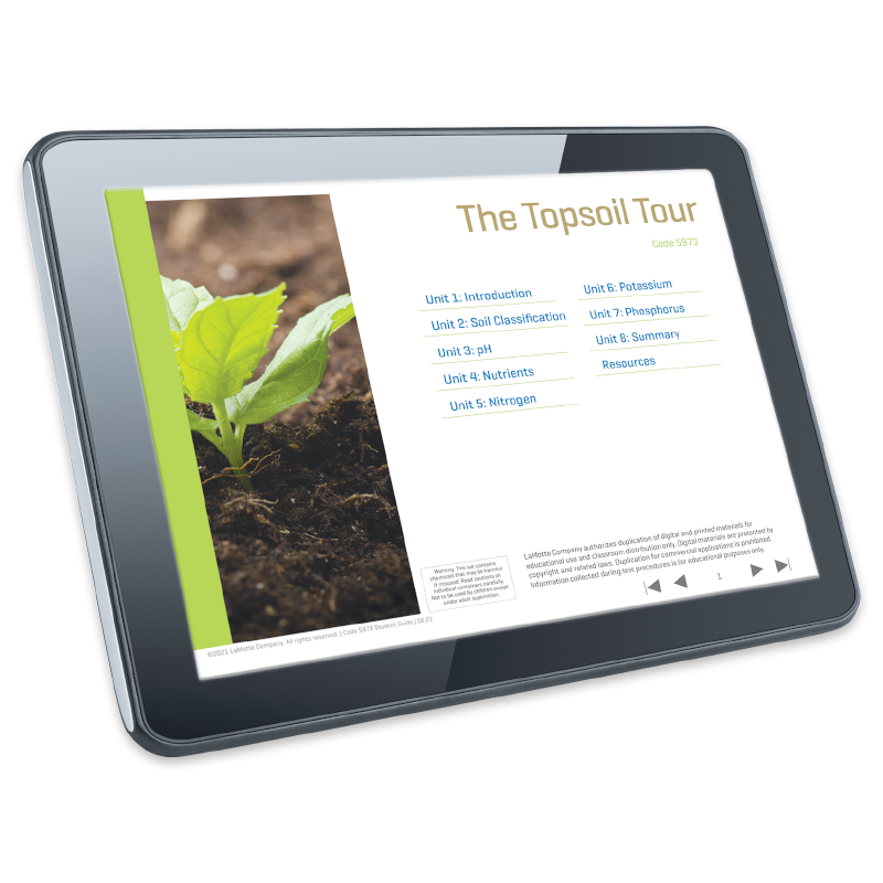 A tablet displays an educational presentation titled Topsoil Tour - 5973-01, featuring a menu of soil-related units and a photo of a young green plant sprouting from dark soil.