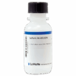 Une bouteille en plastique blanc avec un bouchon noir marqué Acide sulfurique 0,02N de LaMotte, contenant une solution d’acide sulfurique à 0,1 %. La bouteille comporte un code-barres et des informations sur le produit sur l’étiquette.