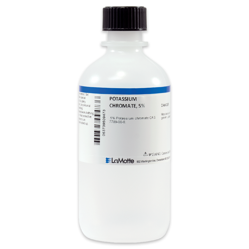 A white plastic bottle with a black cap labeled Potassium Chromate, 5% by LaMotte, Chromate Indicator Titration Reagent - 6352-J, featuring product details and safety information on a white background.