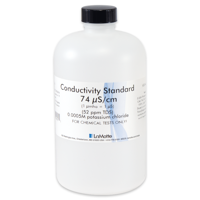 A white plastic bottle labeled Conductivity Standard 74 μS/cm from LaMotte, containing Conductivity TDS Solutions 6416-L with 0.0005M potassium chloride for chemical tests. The bottle features a black screw cap and printed instructions.