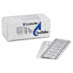 A white LaMotte TesTabs box with water droplet graphics is shown next to a silver blister pack containing round Chlorine DPD #4 RAPID tablets, used for water testing.