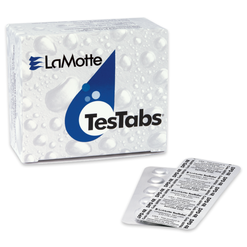 A box labeled LaMotte TesTabs with water droplet graphics sits beside a blister pack containing Chlorine DPD #4 RAPID tablets, partially showing printed instructions on the packaging.