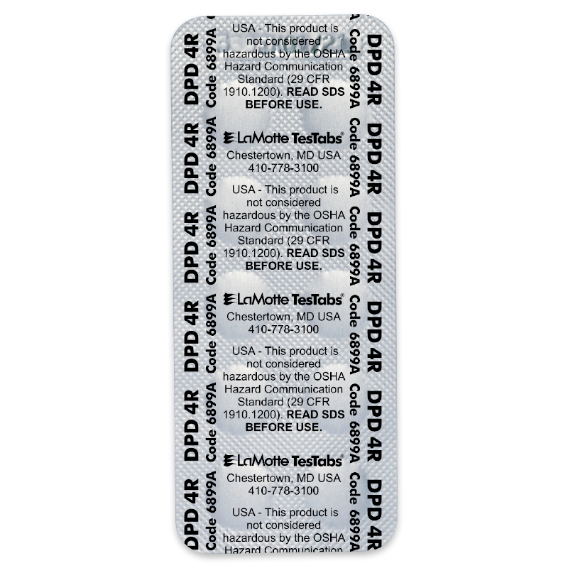 A blister pack labeled LaMotte TesTabs Chlorine DPD #4 RAPID with safety information, contact details, and code 6909 printed repeatedly on the packaging. The tablets inside are not visible.