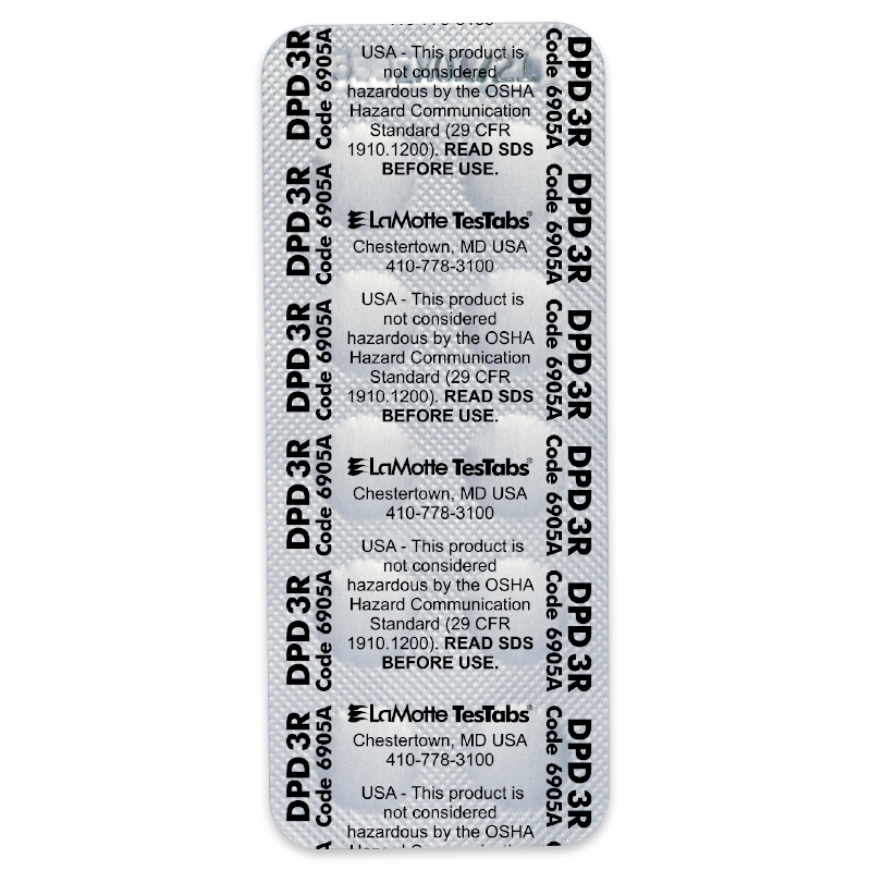 Blister pack labeled DPD 3R Code 6905 TesTabs by LaMotte, used for Chlorine DPD #3 RAPID testing, with warnings about OSHA hazard standards and instructions to read safety data sheets before use, plus manufacturer contact information.