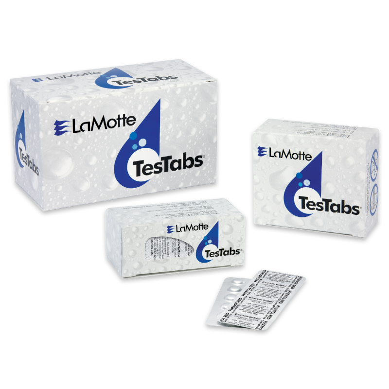 Three boxes of LaMotte TesTabs water testing tablets, including pH (Phenol Red) Tablets - 6915A, featuring a blue drop logo and a blister pack in front. The white packaging displays water droplet patterns and blue branding.