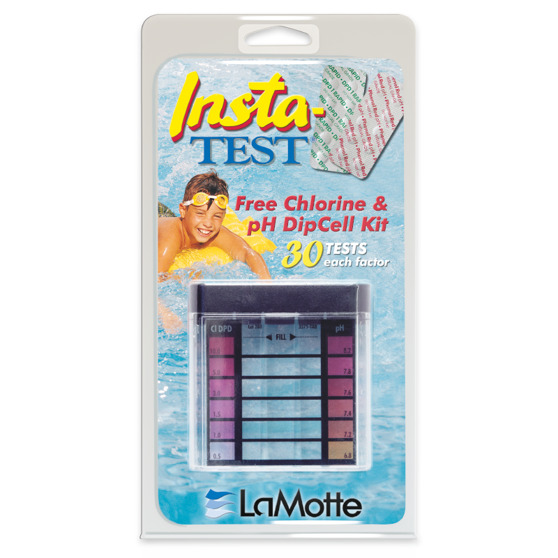 Un kit de prueba libre de cloro y pH empaquetado - 7019 de LaMotte, que incluye un nadador y una tabla de colores comparativa. El envase establece 30 pruebas por cada factor.