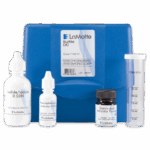 A blue plastic Sulfite Test Kit - 7132-01 case labeled LaMotte Sulfite DC contains four testing containers: Iodide/Iodate 0.03N, Phenolphthalein Indicator, Starch-Acid Indicator Powder, and a clear test tube.