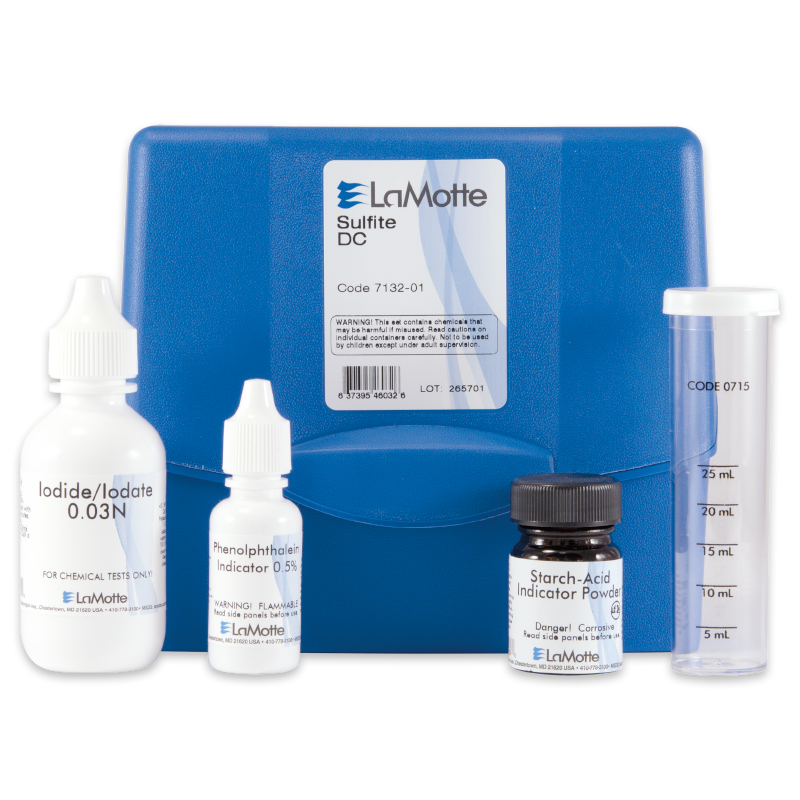A blue plastic Sulfite Test Kit - 7132-01 case labeled LaMotte Sulfite DC contains four testing containers: Iodide/Iodate 0.03N, Phenolphthalein Indicator, Starch-Acid Indicator Powder, and a clear test tube.