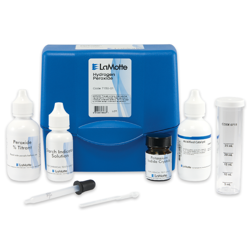 A blue Hydrogen Peroxide Test Kit - 7150-01 by LaMotte features labeled reagent bottles, a small jar, a dropper, and a clear measuring cylinder neatly displayed in front of the case.