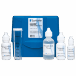 A blue plastic case labeled Hydrogen Peroxide & Peracetic Acid, part of the Peracetic Acid Test Kit - 7191-02, holds five bottles of chemical reagents and a clear graduated test tube arranged neatly in front.