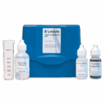 A blue LaMotte Total Hardness Test Kit - 7246-02 case is displayed with a measuring tube and three reagent bottles labeled “Hardness Titrant #2,” “Hardness Reagent #5,” and “Hardness Reagent #6” arranged in front of it.