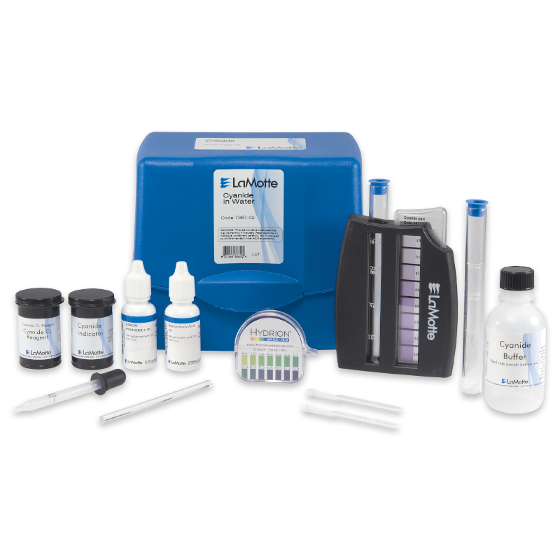 The Cyanide in Water Test Kit - 7387-02 includes bottles, droppers, test strips, a color comparator, test tubes, and a blue carrying case—all clearly labeled for precise water testing.