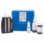 A LaMotte Zinc Test Kit - 7391-02 includes a blue carrying case, color comparator, reagent bottles, dropper, and zinc powder container, all neatly arranged on a white surface.
