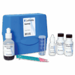 A blue LaMotte Salinity Test Kit - 7459-02 with a case, demineralizer bottle, two syringes with pink tips, a small graduated cylinder, and three reagent bottles labeled for salinity titration.