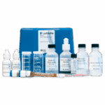 A LaMotte water testing kit, including the Sodium Test Kit - 7791-DR-02, features labeled reagent bottles, a blue carrying case, measuring cylinder, droppers, and mixing containers neatly arranged in front of the case.