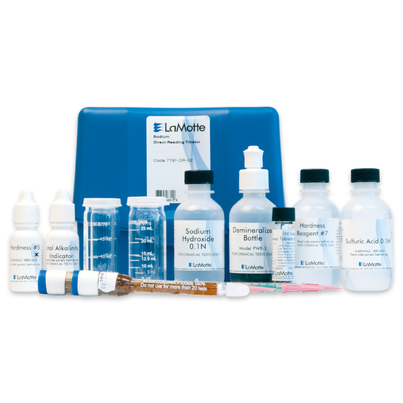 A LaMotte water testing kit, including the Sodium Test Kit - 7791-DR-02, features labeled reagent bottles, a blue carrying case, measuring cylinder, droppers, and mixing containers neatly arranged in front of the case.