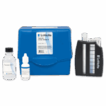 A LaMotte Tannin / Lignin Test Kit - 7831-01 includes a blue plastic case, black color comparator, clear test tube with cap, dropper bottle, and a larger bottle labeled Tannin #2.
