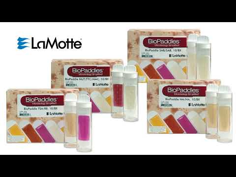 Four LaMotte BioPaddles kits, including the BioPaddles - Tryptic Soy & Rose Bengal Chloramphenicol Agar - 5552, are displayed with labeled boxes and pairs of clear vials. The LaMotte logo appears in the upper left corner.