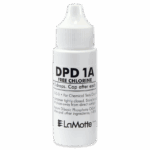 A small white plastic dropper bottle labeled “DPD 1A Free Chlorine” by LaMotte, used for chemical testing. The DPD 1A reagent is dispensed using a ribbed cap, with dosage instructions printed on the front.