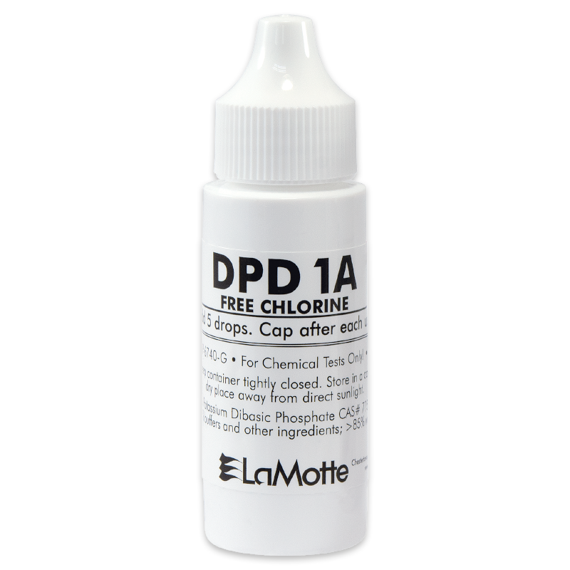 A small white plastic dropper bottle labeled “DPD 1A Free Chlorine” by LaMotte, used for chemical testing. The DPD 1A reagent is dispensed using a ribbed cap, with dosage instructions printed on the front.