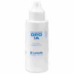 A white plastic dropper bottle labeled DPD 1A for free chlorine testing, featuring blue text instructions to add 5 drops before capping after use. Brand: LaMotte, Chestertown, MD. Ideal for precise DPD 1A reagent dosing.