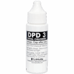A white plastic dropper bottle labeled DPD 3 TOTAL CHLORINE with instructions for chemical testing, manufactured by LaMotte. The dpd-3 bottle features a white cap and a black label with bold white text.