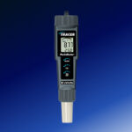 A handheld digital meter with a display screen reading 8.13 and 25.0°C, labeled Tracer and PocketTester, set against a blue gradient background.