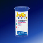 A blue-capped container labeled Insta-Test 3 for pool and spa test strips, displaying color indicators for chlorine, alkalinity, and pH, against a gradient blue background.