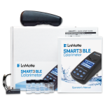 LaMotte Smart 3 Colorimeter - 1910 kit with device, operator’s manual, quick start guide, sample vials, and accessories, arranged neatly in front of a white box.