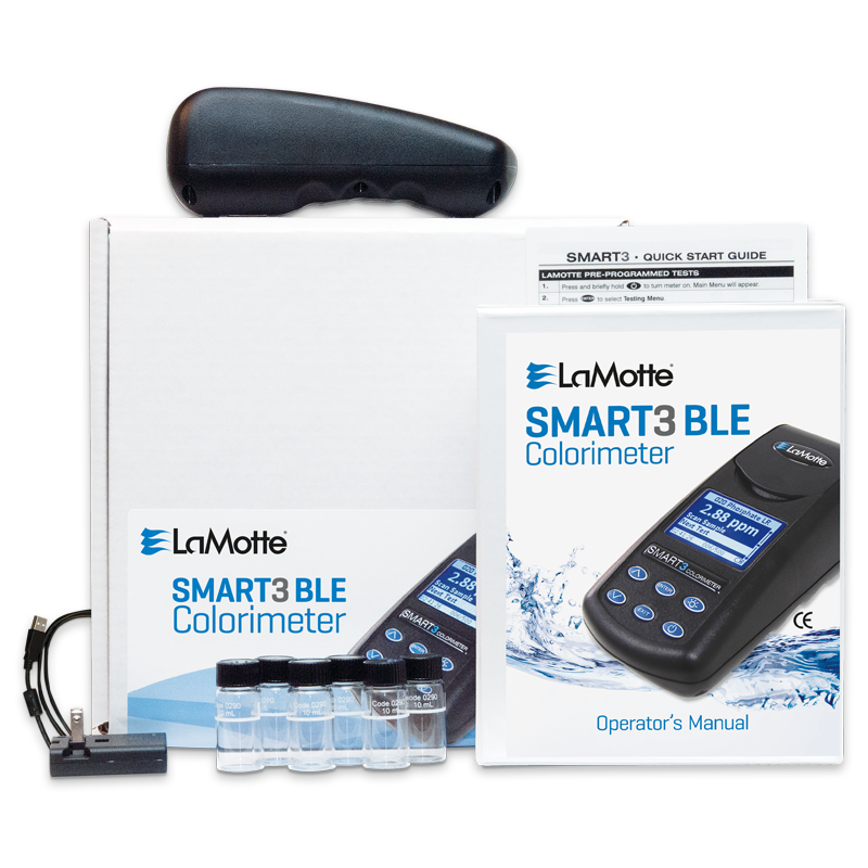 LaMotte Smart 3 Colorimeter - 1910 kit with device, operator’s manual, quick start guide, sample vials, and accessories, arranged neatly in front of a white box.